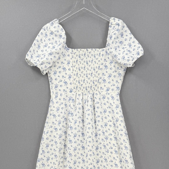 & OTHER STORIES Puff Sleeve Midi Dress Womens 8 White Blue Linen Floral Nap - Picture 5 of 16